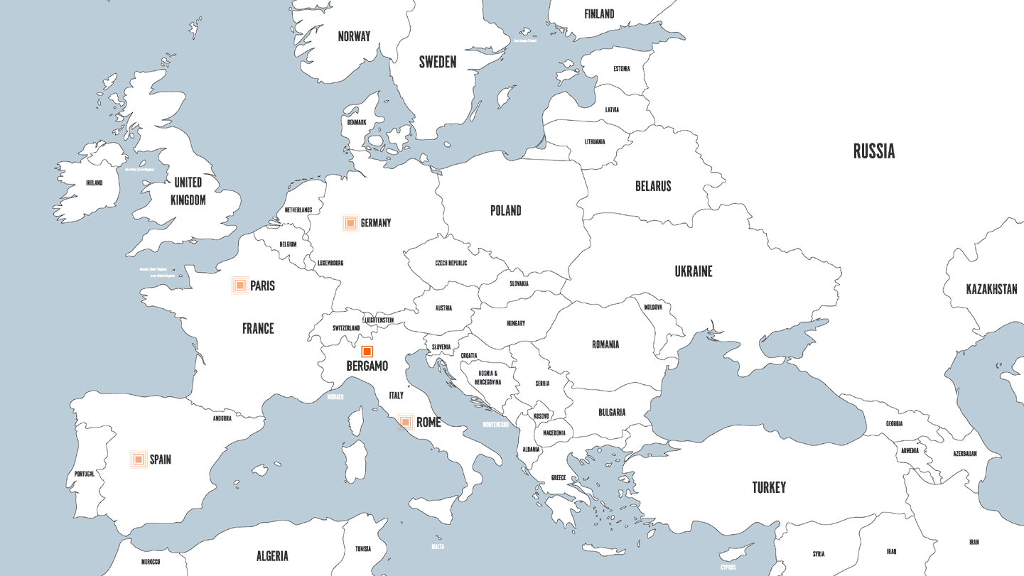Xference European infrastructure map — nodes in Bergamo, Rome, Paris, Germany, Spain